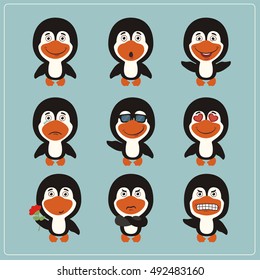 Set of isolated funny penguin in different emotions in cartoon style.