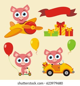 Set isolated funny pig in cartoon style for holiday design with balloons and gifts.