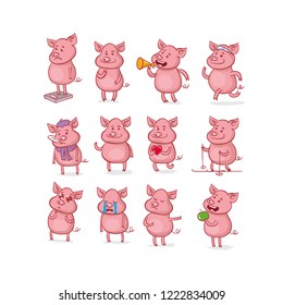 Set of isolated funny pig in different emotions and poses in cartoon style. Hand drawn illustration.