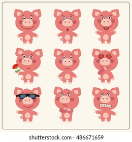 Set of isolated funny pig in different emotions and poses in cartoon style.