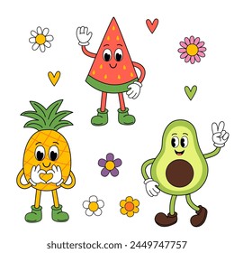 set of isolated funny pineapple, watermelon, avocado