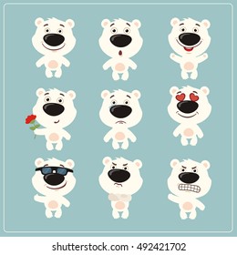 Set of isolated funny polar bear in different poses in cartoon style.
