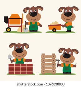 Set Of Isolated Funny Puppy Dog Builder In Cartoon Style: Concrete Mixer, Wheelbarrow, At Brick Wall And With Hammer Near Wooden Structure.