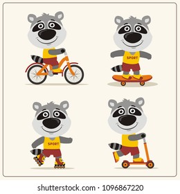 Set of isolated funny raccoon on bike, skateboard, scooter and roller skates.