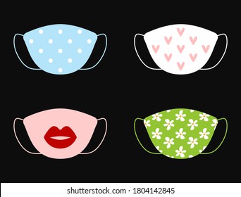Set of isolated funny reusable face masks. Cartoon vector illustration.
