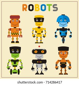 Set isolated funny robots in cartoon style.