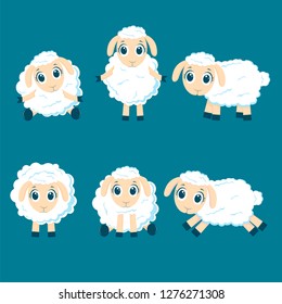 Set of isolated funny sheep in cartoon style.