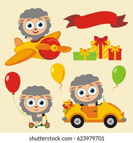 Set isolated funny sheep in cartoon style for holiday design with balloons and gifts.