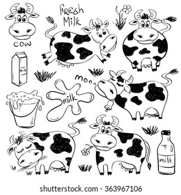 Set of isolated funny sketch cow and milk product icons. Cartoon cute cows.