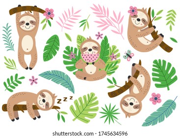 set of isolated funny sloth and tropical plants
 -  vector illustration, eps
 