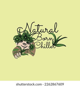 set of isolated funny sloth and tropical plants - vector illustration.