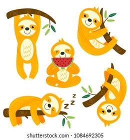 set of isolated funny sloths - vector illustration, eps