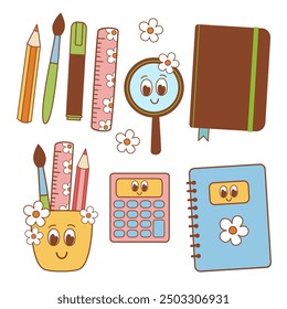 set of isolated funny Smiling school supplies