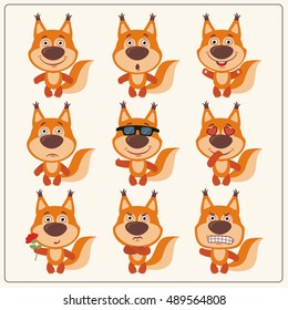Set of isolated funny squirrel in different emotions in cartoon style.