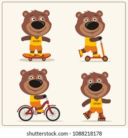 Set of isolated funny teddy bear on bike, skateboard, scooter and roller skates.