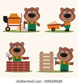 Set of isolated funny teddy bear builder in cartoon style: concrete mixer, wheelbarrow, at brick wall and with hammer near wooden structure.