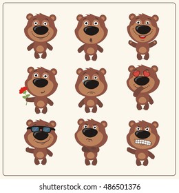 Set of isolated funny teddy bear in different emotions and poses in cartoon style.