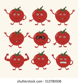 Set of isolated funny tomato in cartoon style.