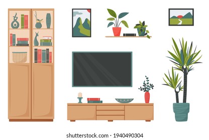 Set of isolated furniture and decorative elements for cute minimalistic interior in scandinavian style. Vector collection in a flat style for decor your living room or office