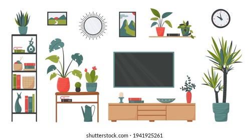 Set of isolated furniture, home plants and decorative elements for cute minimalistic interior in scandinavian style. Vector collection in a flat style for decor your living room or apartment. 