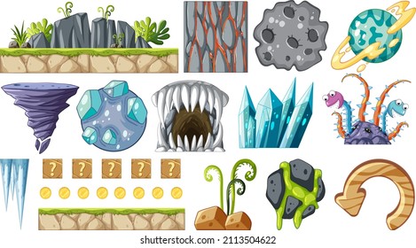 Set of isolated game objects and elements illustration