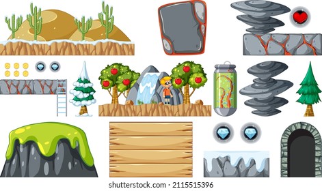 Set of isolated game objects and elements illustration