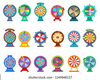 Set of isolated gaming wheels of fortune or betting roulette with arrows for web internet casino. Icons for gamble, chance and opportunity. Winner and risk, random prize and gamble, lottery theme
