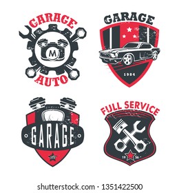 Set of isolated garage sings or car service station, vehicle workshop or auto maintenance center. Automobile diagnostic and check, fix and inspection badge. Mechanical and automotive business theme