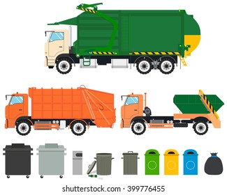 Set of isolated garbage trucks with tanks on a white background. Cleaning Machines. Vector illustration