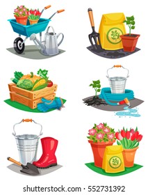 Set of isolated garden design compositions of colored decorative icons with handcart watering can rubber boots inventory for agriculture work flat vector illustration