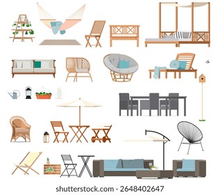 Set of isolated garden furniture made of rattan, wood, vine. Cozy wicker chairs, umbrellas, sun loungers, sofas, tables.
