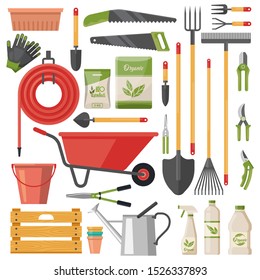 Set of isolated garden tools or gardener items, agriculture equipment or horticulture instruments. Hose and watering can, saw and pot, shovel and trowel, pitchfork and sprinkler, patio, spray. Farming