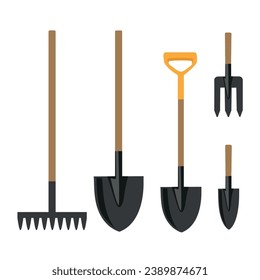 Set of isolated garden tools. Garden shovels and rakes of different sizes. Gardening, plant growing and ecology. Organic food. Vector illustration in flat style.