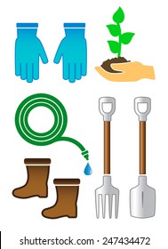 set isolated gardening color tools on white background