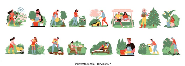 Set of isolated gardening icons with images of trees and bushes with human characters and instruments vector illustration