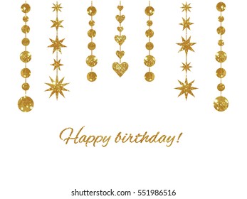 Set of isolated garlands made of gold glitter texture. Each element grouped separately for convenient use.