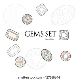 Set of isolated gem stones and thin line design elements, emblems with diamonds.