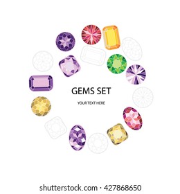 Set of isolated gem stones and thin line design elements, emblems with diamonds.