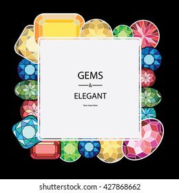 Set of isolated gem stones and thin line design elements, emblems with diamonds.