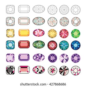 Set of isolated gem stones and thin line design elements, emblems with diamonds.