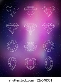 Set of isolated gem stones.Vector set of diamond design elements on the beautiful purple background. Precious gem stones set of forms.