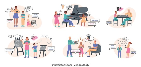 Set of isolated genius prodigy compositions with flat icons thought bubbles with text and human characters vector illustration