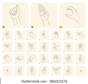 A set of isolated gestures for the deaf. Black linear drawing on a light background. Black and white drawing of a hand. Deaf  language. Stock vector illustration. Cards to study