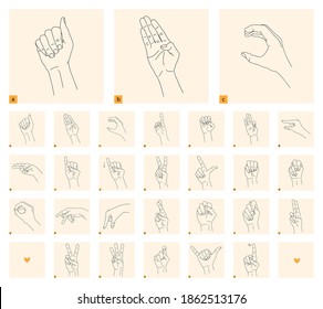 A set of isolated gestures for the deaf and dumb. Black linear drawing on a light background. Black and white drawing of a hand. Deaf and dumb language. Stock vector illustration. Cards to study