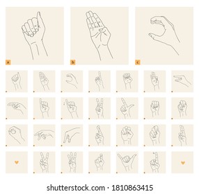 A set of isolated gestures for the hearing impaired and nonverbal. Black linear drawing on a light background. Black and white drawing of a hand. Hearing impaired and nonverbal language. Stock vector illustration. Cards to study.