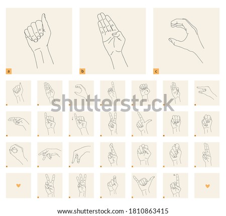 A set of isolated gestures for the hearing impaired and nonverbal. Black linear drawing on a light background. Black and white drawing of a hand. Hearing impaired and nonverbal language. Stock vector illustration. Cards to study.