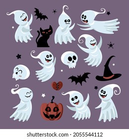 Set of isolated ghost halloween icons with flying rats cartoon style pumpkin head and black stars vector illustration