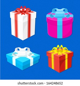 set of isolated gift boxes flat colors on blue textured background