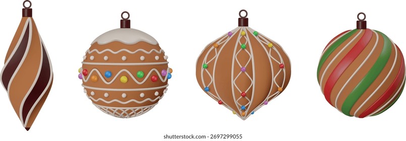 Conjunto de bolas de Navidad aisladas de pan de jengibre. colección de adornos de Navidad realistas en 3D