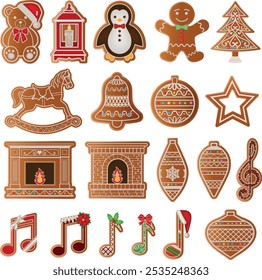 set of isolated gingerbread cookies. collection of christmas cookies